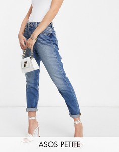 Узкие джинсы mom с высокой талией для миниатюрных ASOS DESIGN Petite hourglass с эффектом естественной потертости-Синий