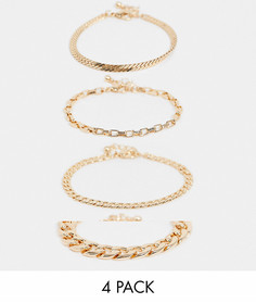 Набор из 4 золотистых браслетов-цепочек с классическими звеньями и узором "в елочку" ASOS DESIGN-Золотой