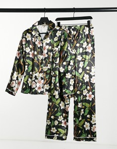Атласный пижамный комплект с длинными брюками и топом с длинными рукавами в черном цвете с цветочным принтом Night-Черный