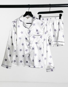 Атласный пижамный комплект с шортами белого цвета с звездным принтом Night-Белый