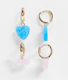 Набор из двух пар золотистых серег-колец с подвесками в виде сердца и бабочки ASOS DESIGN-Золотистый