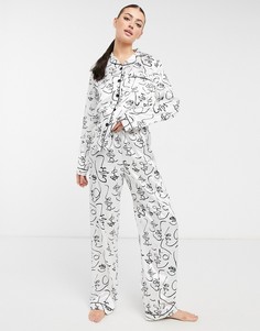 Удлиненный атласный пижамный комплект с абстрактным принтом с лицами Night-Белый