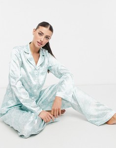 Удлиненный атласный пижамный комплект шалфейно-зеленого цвета с цветочным принтом Night-Зеленый цвет