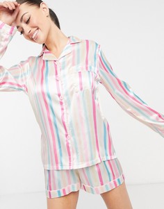 Атласный пижамный комплект с шортами в полоску пастельных тонов Night-Многоцветный
