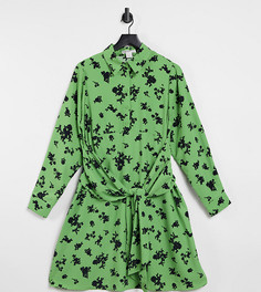 Платье А-силуэта с завязкой над животом, сборками и винтажным цветочным принтом Glamorous Bloom-Зеленый цвет