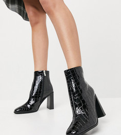 Черные ботильоны для широкой стопы на блочном каблуке с эффектом крокодиловой кожи Glamorous Wide Fit-Черный цвет