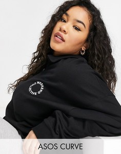 Черный свитшот с воротником поло на короткой молнии и логотипом ASOS Weekend Collective Curve-Черный цвет