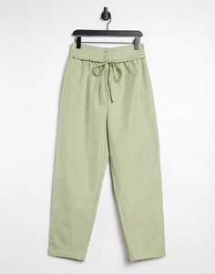 Шалфейно-зеленые брюки в тонкую полоску с завышенной талией и завязкой Lost Ink-Зеленый цвет
