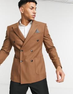 Бежевый двубортный пиджак приталенного кроя Moss London-Коричневый цвет