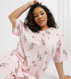 Розовый пижамный комплект из oversized-футболки и леггинсов с принтом в виде молний ASOS DESIGN Curve-Розовый цвет