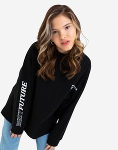 Чёрный лонгслив oversize с надписями Gloria Jeans
