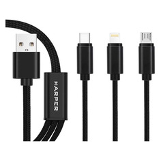 Кабель Harper BRCH-910, Lightning (m)/USB Type-C (m)/micro USB (m) - USB (m), 1.2м, в оплетке, 2A, черный