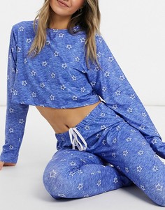Синий пижамный комплект со звездным принтом из укороченного лонгслива и леггинсов Loungeable-Голубой