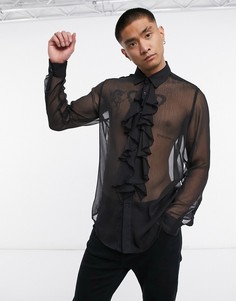 Черная фактурная рубашка классического кроя с оборками на груди ASOS DESIGN-Черный цвет