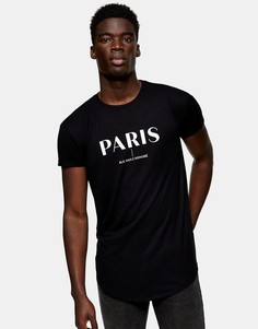 Черная удлиненная футболка с принтом "Paris" Topman-Черный цвет