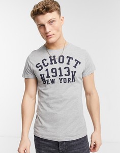 Серая футболка с круглым вырезом и принтом на груди Schott-Серый