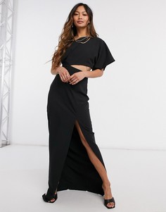 Платье макси черного цвета на одно плечо с декоративным вырезом и разрезом сбоку Vesper-Черный цвет
