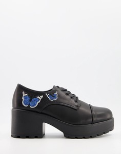 Черные туфли из экокожи на каблуке с синими бабочками Koi Footwear-Черный цвет