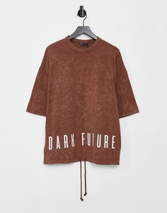 Коричневая oversized-футболка с текстовым принтом на спине и шнурком ASOS Dark Future-Коричневый цвет