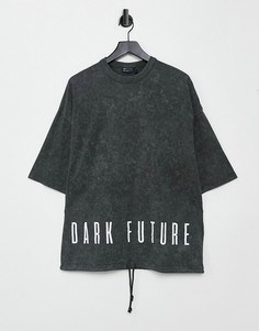 Темно-серая oversized-футболка с текстовым принтом на спине и шнурком ASOS Dark Future-Серый