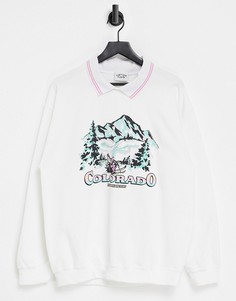 Oversized-свитшот с графическим принтом и контрастным воротником в рубчик Vintage Supply-Белый
