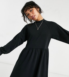 Черное платье-свитшот с высоким воротом и объемными рукавами New Look Petite-Черный цвет