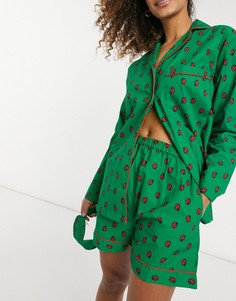 Пижамный комплект из рубашки с длинными рукавами, шорт и маски для сна с принтом божьих коровок Daisy Street-Зеленый цвет