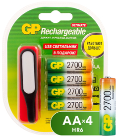 Аккумуляторы GP AA (HR6) 2700 мАч, 4 шт + USB LED фонарь (GP270AAHC/USBLED-2CR4)