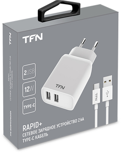 Сетевое зарядное устройство TFN Rapid+ 2xUSB 2.4A + кабель USB-C White (TFN-WCRPD12W2U04)