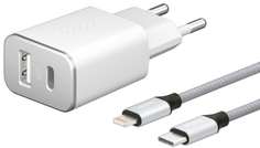 Сетевое зарядное устройство Deppa USB + USB Type-C + кабель USB-C/Lightning MFI белый (11390)