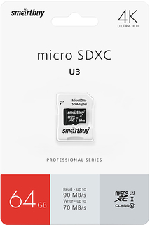 Карта памяти Smartbuy MicroSDXC Pro U3 Class10 64GB + адаптер (SB64GBSDCL10U3-01)
