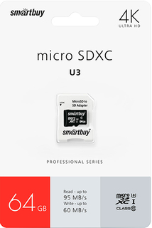 Карта памяти Smartbuy MicroSDXC Pro U3 Class10 64GB + адаптер (SB64GBSDCL10U3L-01)