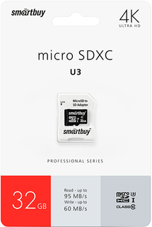 Карта памяти Smartbuy microSDHC Pro U3 Class10 32GB + адаптер (SB32GBSDCL10U3L-01)