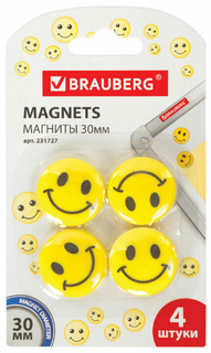 Магниты для досок Brauberg "Смайлик", 30 мм, желтые, 4 шт (231727)