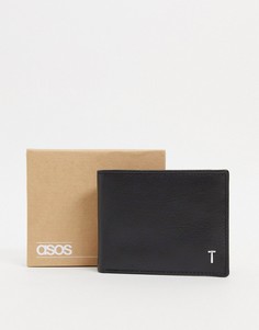 Черный кожаный бумажник с серебристым инициалом "T" ASOS DESIGN-Черный цвет