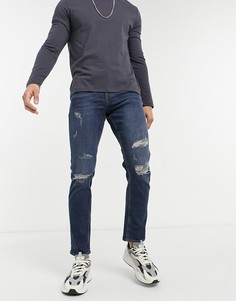 Темно-синие узкие джинсы со рваной отделкой New Look-Голубой