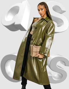 Виниловый тренч оливкового цвета на пуговицах ASOS DESIGN-Зеленый цвет