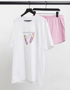 Пижамный комплект белого и розового цвета из футболки и шорт с принтом "Text me on my cellphone" Heartbreak-Многоцветный