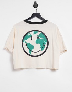Укороченная футболка цвета экрю с принтом смайлика Cotton:On-Белый