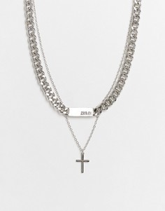 Серебристое двойное ожерелье с массивной цепочкой и подвеской в виде крестика Bershka-Серебристый