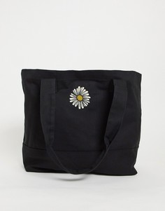 Черная выбеленная сумка-тоут большого размера из плотной ткани в стиле 90-х с вышивкой в виде ромашки ASOS DESIGN-Черный цвет