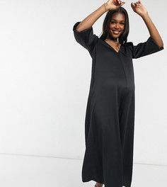 Черный атласный комбинезон с V-образным вырезом и слегка объемными рукавами ASOS DESIGN Maternity-Черный цвет