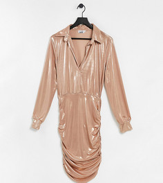 Золотисто-розовое платье мини с оборками и воротником с эффектом «металлик» John Zack Tall-Золотистый