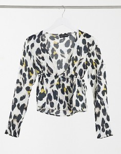 Белая рубашка в леопардовой расцветке с длинными рукавами, завязкой и глубоким вырезом I Saw It First-Мульти