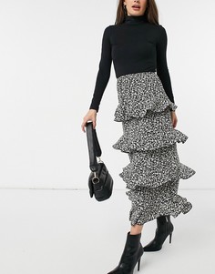 Ярусная юбка мидакси с рюшами и черным цветочным принтом Skylar Rose-Черный цвет