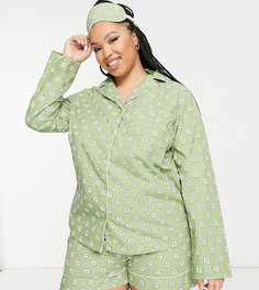Пижамный комплект из рубашки с длинными рукавами, шорт и маски для сна с принтом маргариток Daisy Street Plus-Зеленый цвет