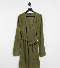 Вязаное платье цвета хаки с запахом и поясом Missguided Plus-Зеленый цвет