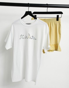 Бело-желтый пижамный комплект из футболки и шорт с рюшами с принтом занимающегося йогой ленивца Heartbreak-Многоцветный