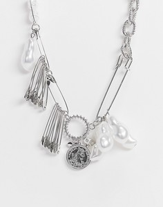 Серебристое короткое ожерелье с искусственным жемчугом и английскими булавками ASOS DESIGN-Серебристый