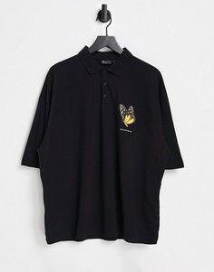Черная футболка-поло в стиле oversized с принтом бабочки на груди ASOS DESIGN-Черный цвет